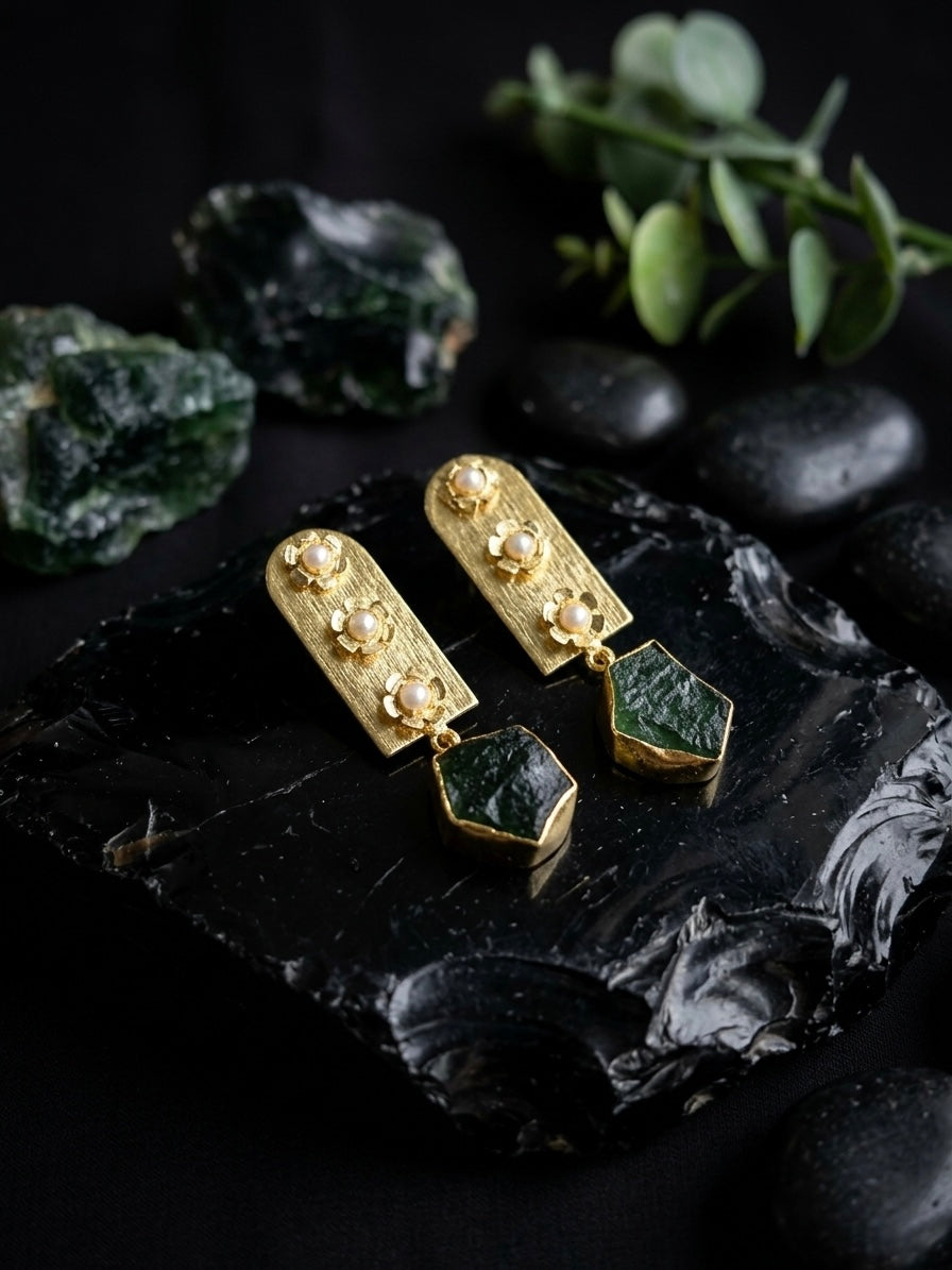 Flora Royale – Green Emerald Handmade Brass Earrings