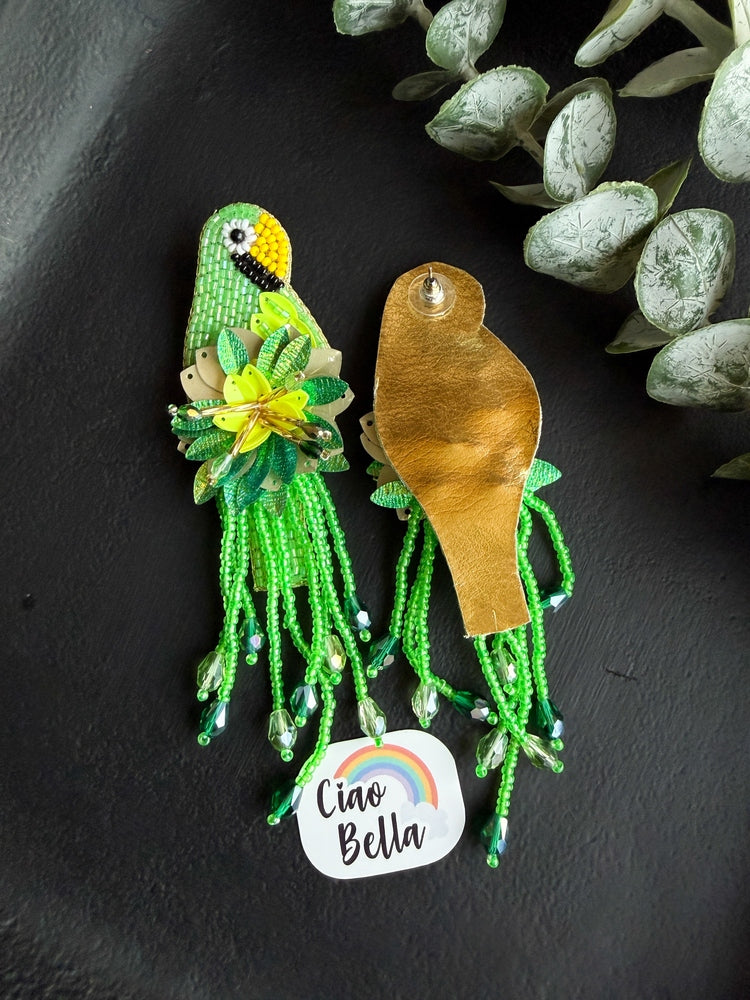 Luxe Paradise Green Parrot Handmade Beaded Bird Earrings