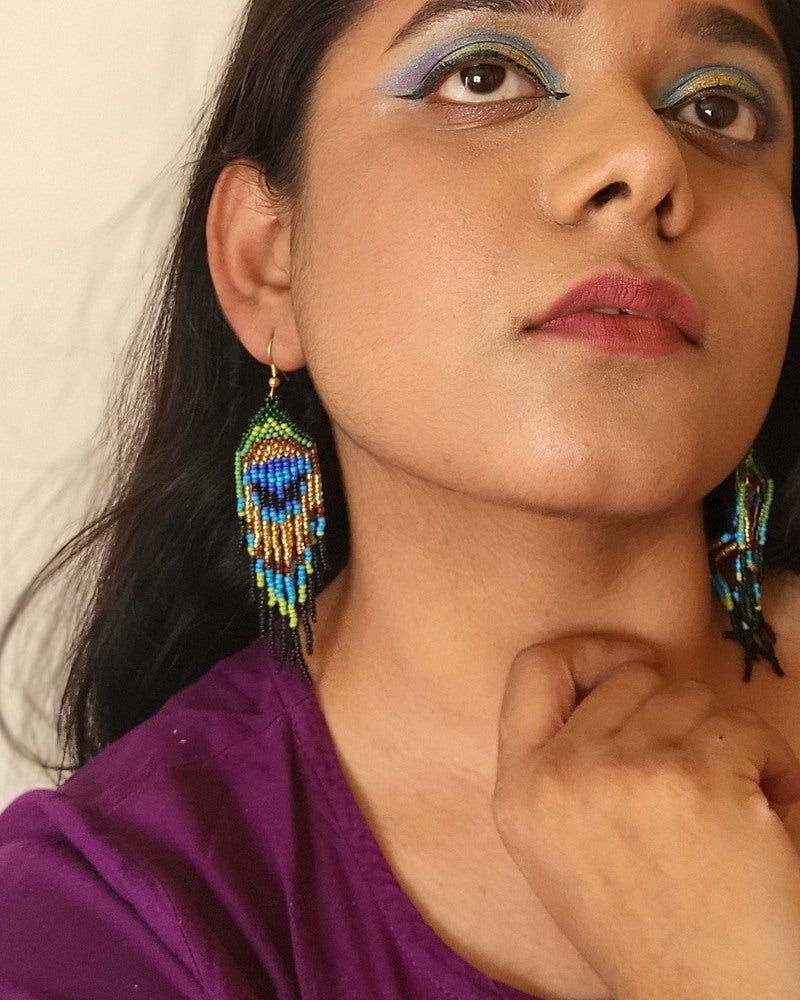 Boho Peacock Feather Handmade Beaded Tassel Bird Earrings