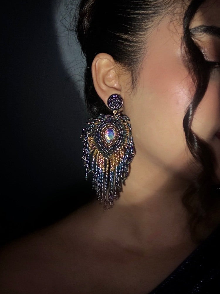 Meher Peacock Handmade Beaded Tassel Earrings