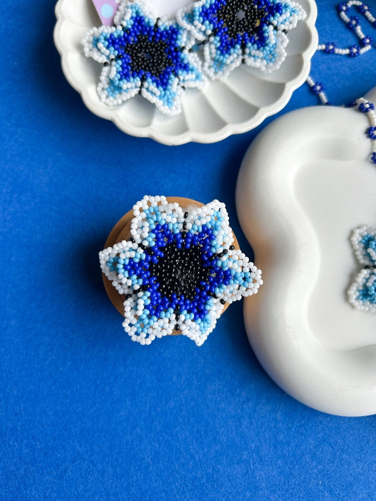 Blossoming Blue Flower Handmade Beaded Necklace + Earrings + Ring Set
