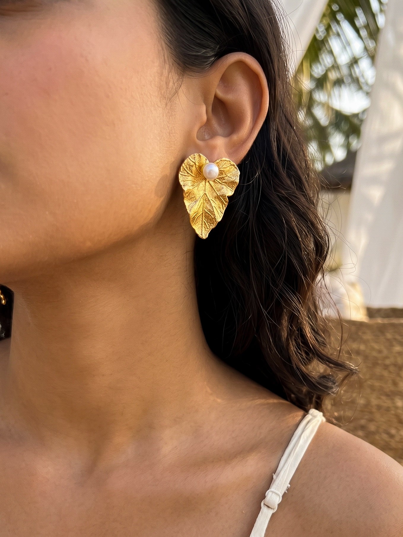 Golden Fern Pearl Handmade Brass Earrings