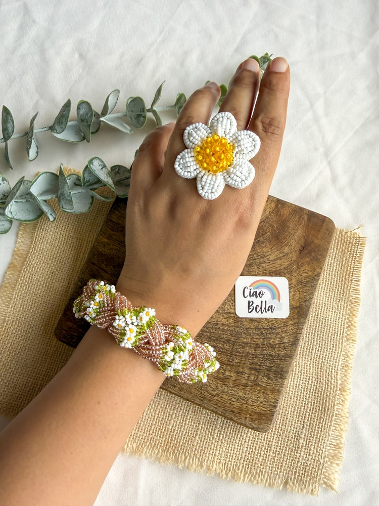 Luxe Flora Rose Gold Handmade Beaded Bracelet + Ring Combo