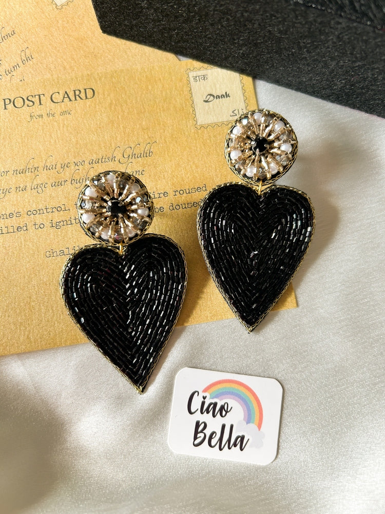 Glam Black Heart Drop Handmade Beaded Earrings