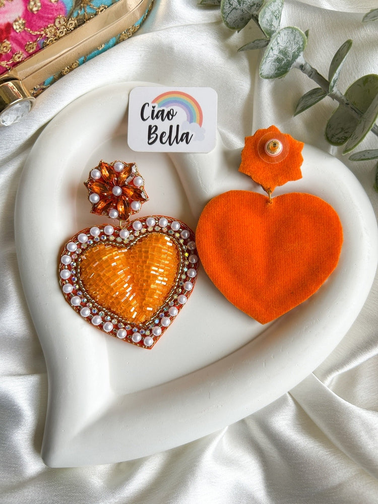 Ishqiya Orange Heart Drop Handmade Beaded Earrings