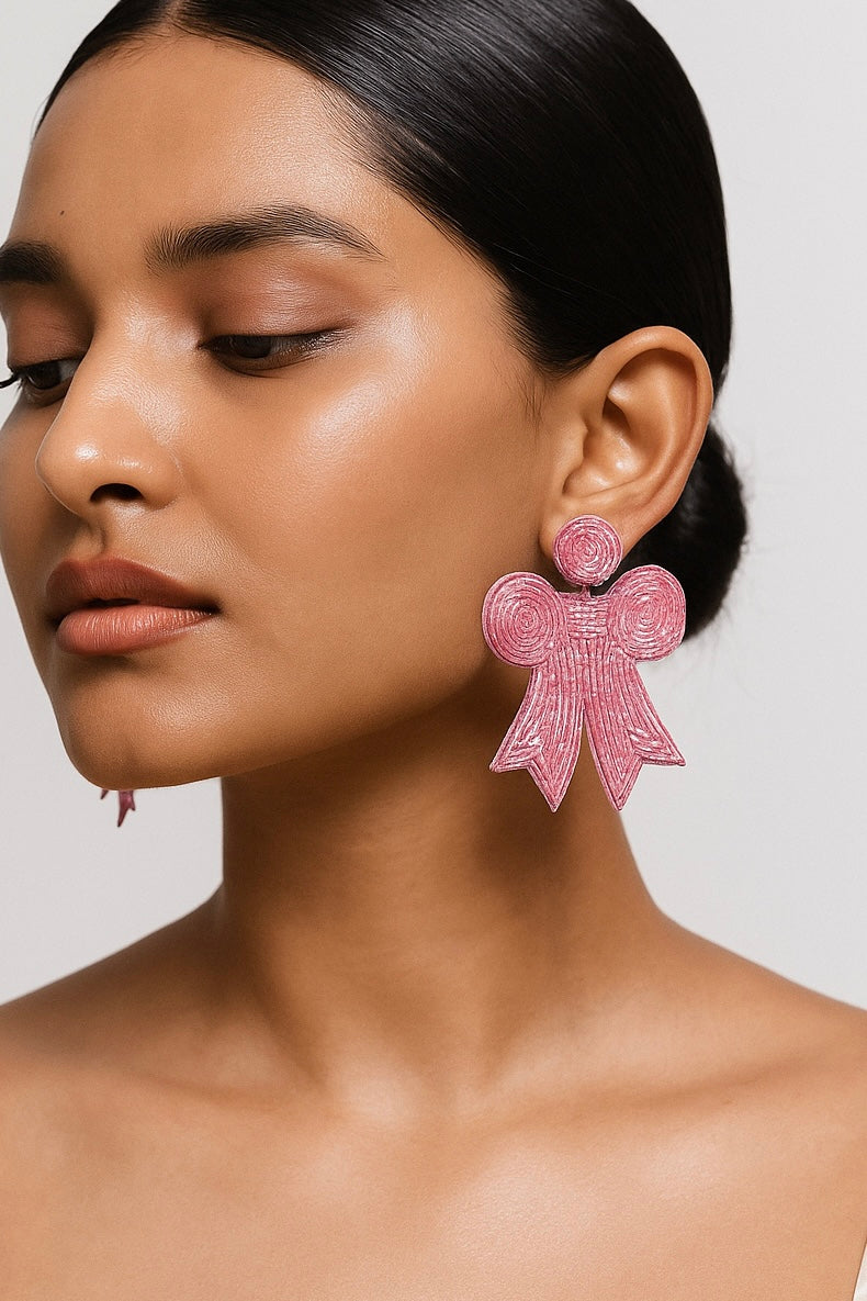 Blush Pink Bow Handmade Beaded Earrings