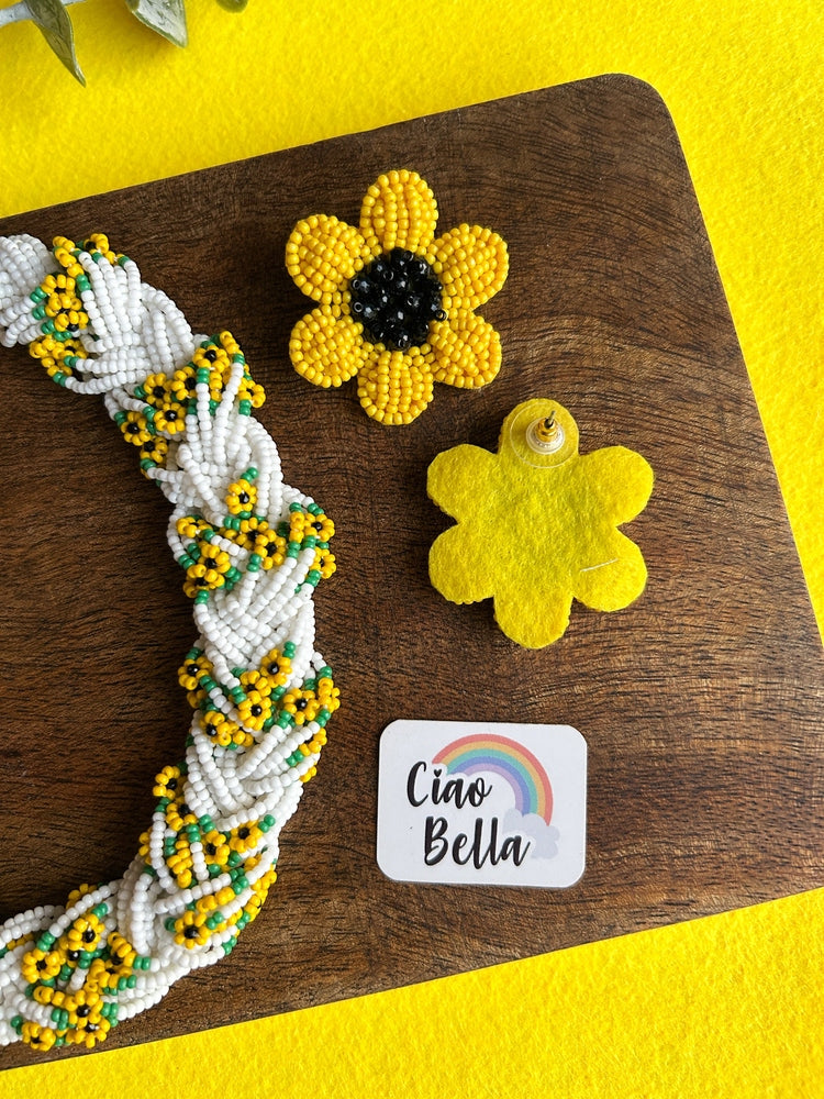 Luxe Flora Sunflower Handmade Beaded Necklace + Earrings Set