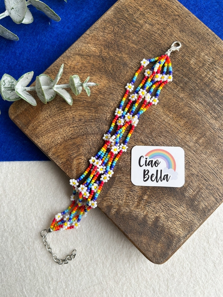 Spring Bloom Rainbow Daisy Handmade Beaded Bracelet