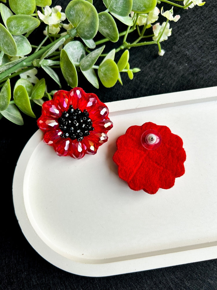Sparkling Red Poppy Stud Handmade Beaded Earrings