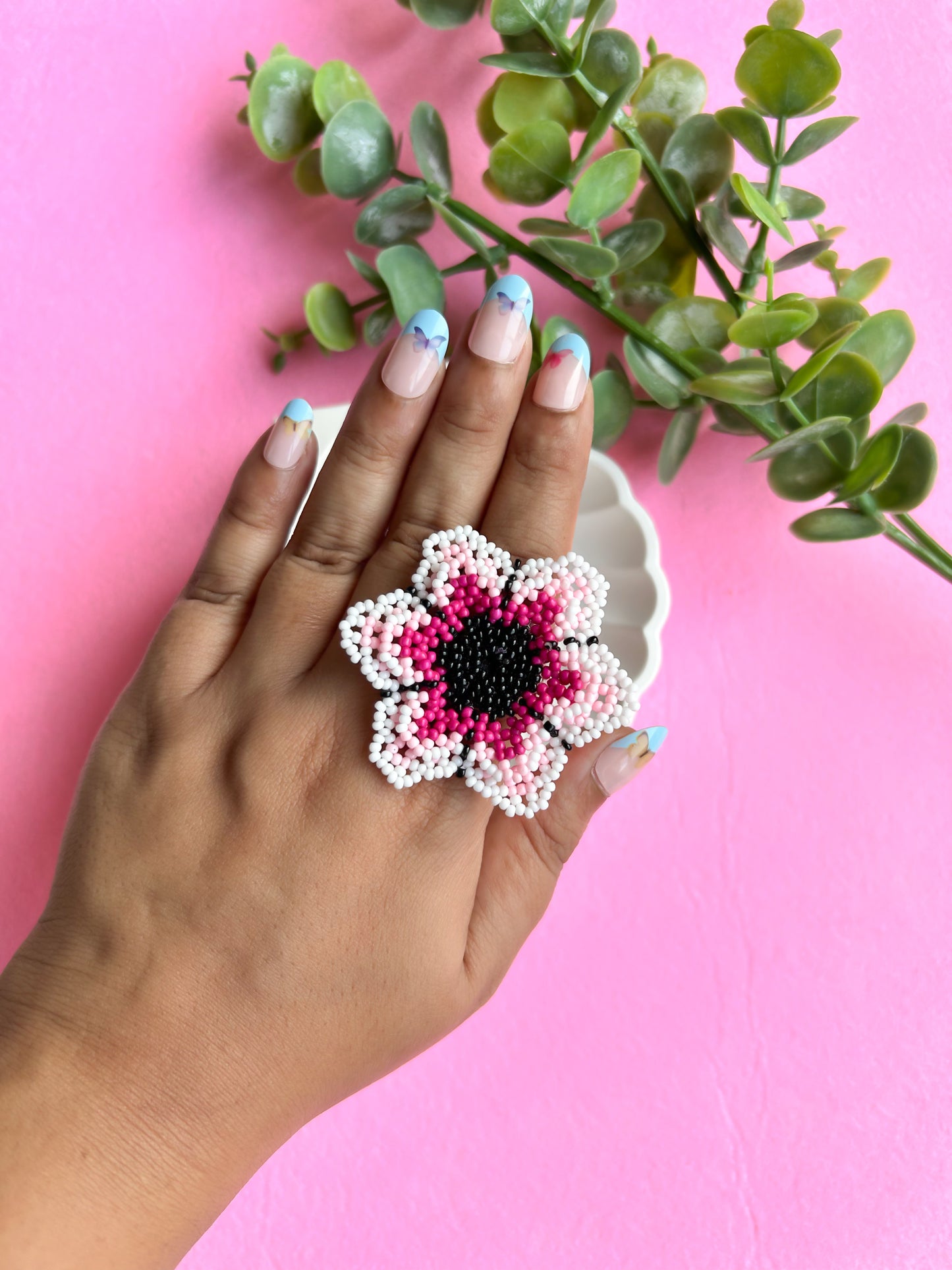 Blossoming Pink Flower Handmade Beaded Necklace + Earrings + Ring Set