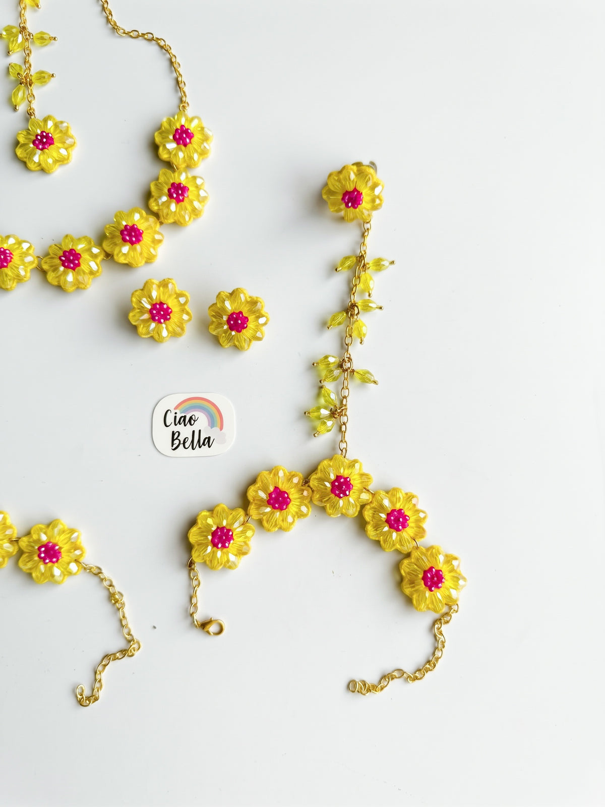Sparkling Yellow Pink Daisy Flower Handmade Beaded Haldi Jewellery Set (Necklace + Earrings + Hathphools + Maangtika)