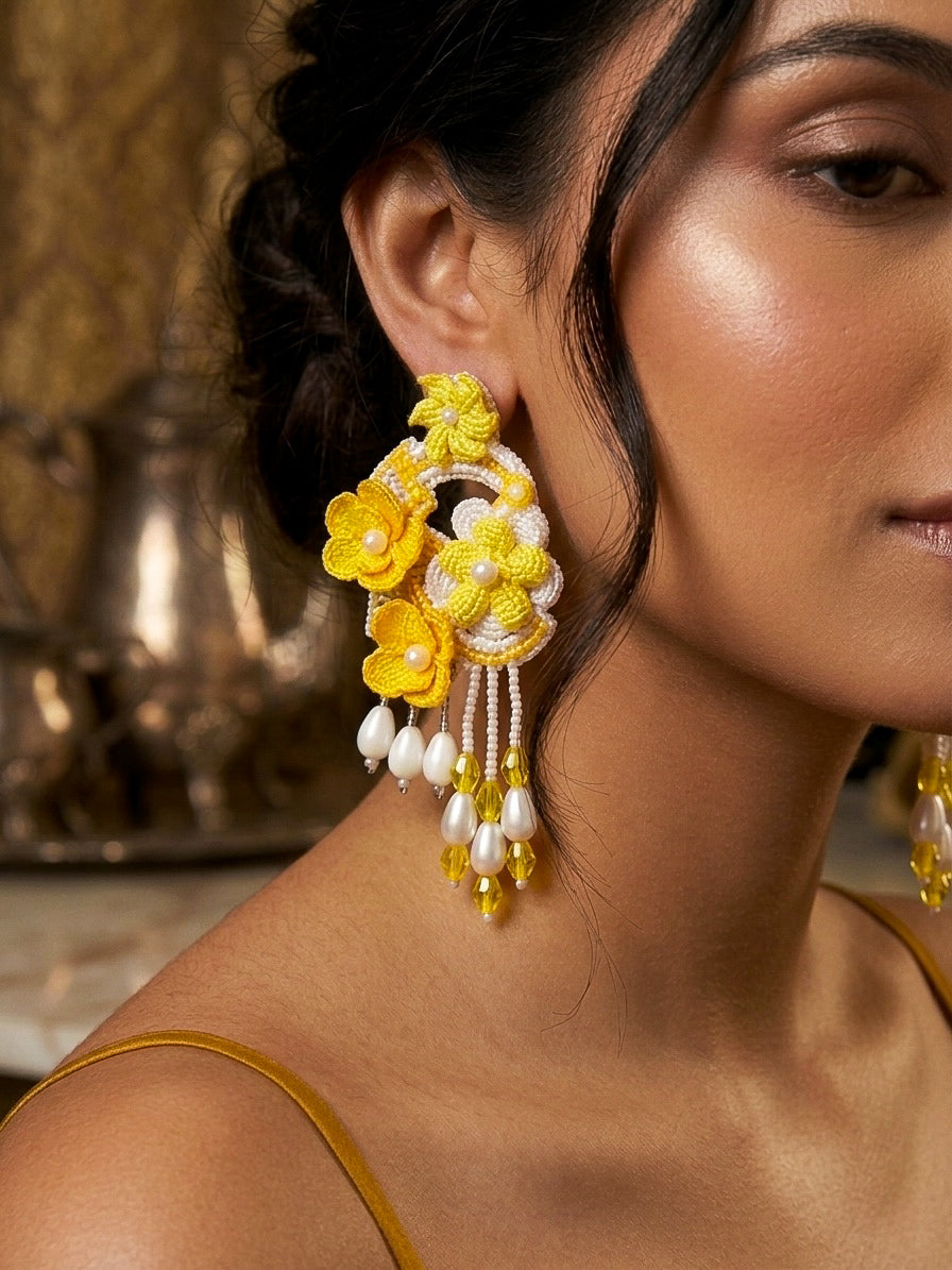 Golden Yellow Tulip 3D Flower Statement Handmade Beaded Earrings