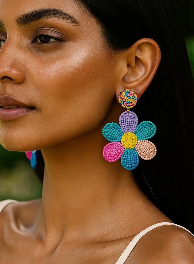 Rainbow Daisy Love Handmade Beaded Flower Earrings