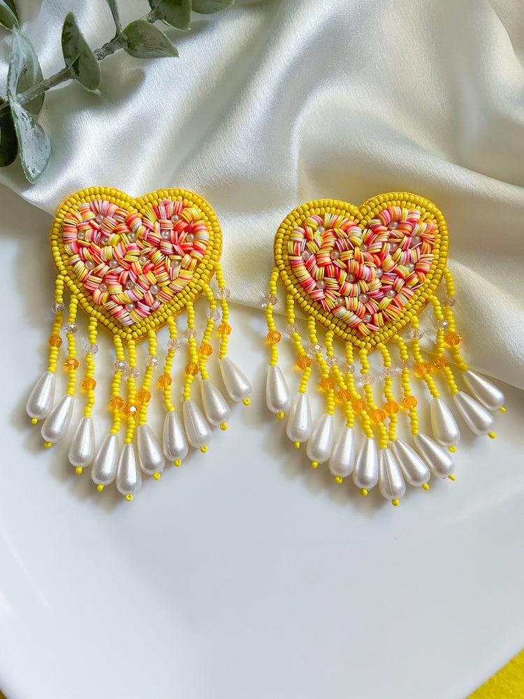Sunny Heart Drop Tassel Handmade Beaded Earrings