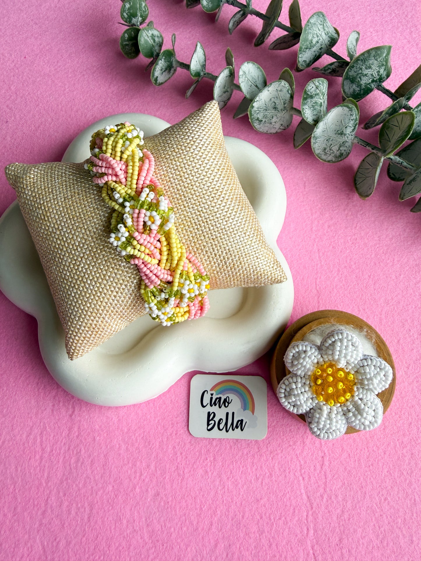 Luxe Flora Pink Yellow Handmade Beaded Bracelet + Ring Combo