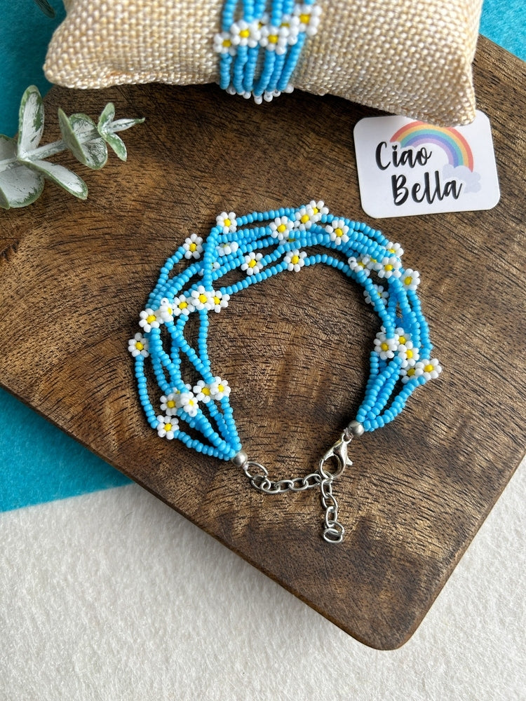 Spring Bloom Blue White Daisy Handmade Beaded Bracelet