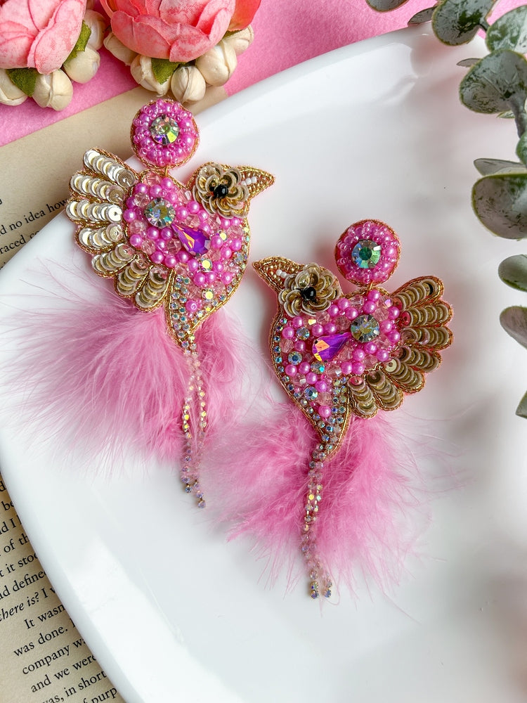 Glamorous Pink Birdies Handmade Beaded Bird Earrings