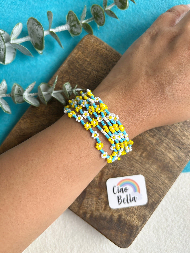 Spring Bloom Blue Yellow White Daisy Handmade Beaded Bracelet