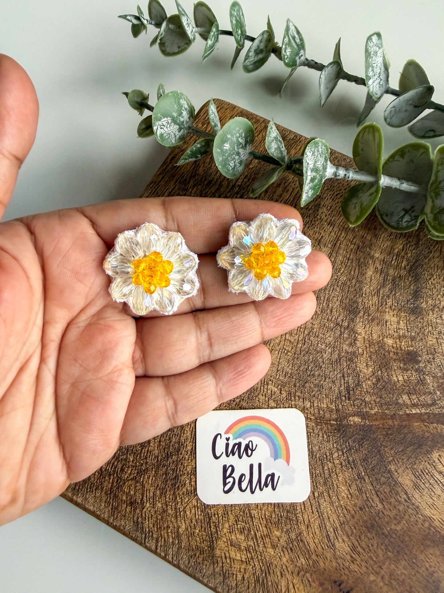 Sparkling White Daisy Handmade Beaded Necklace + Earrings Set