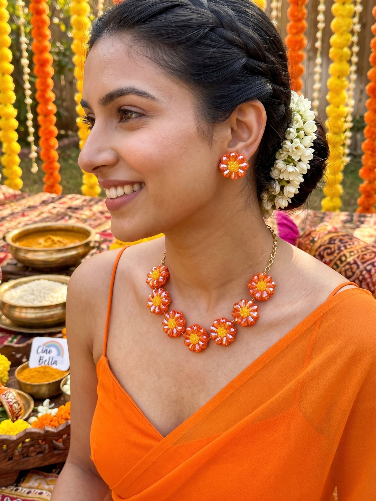 Sparkling Orange Daisy Flower Handmade Beaded Necklace + Earrings Set