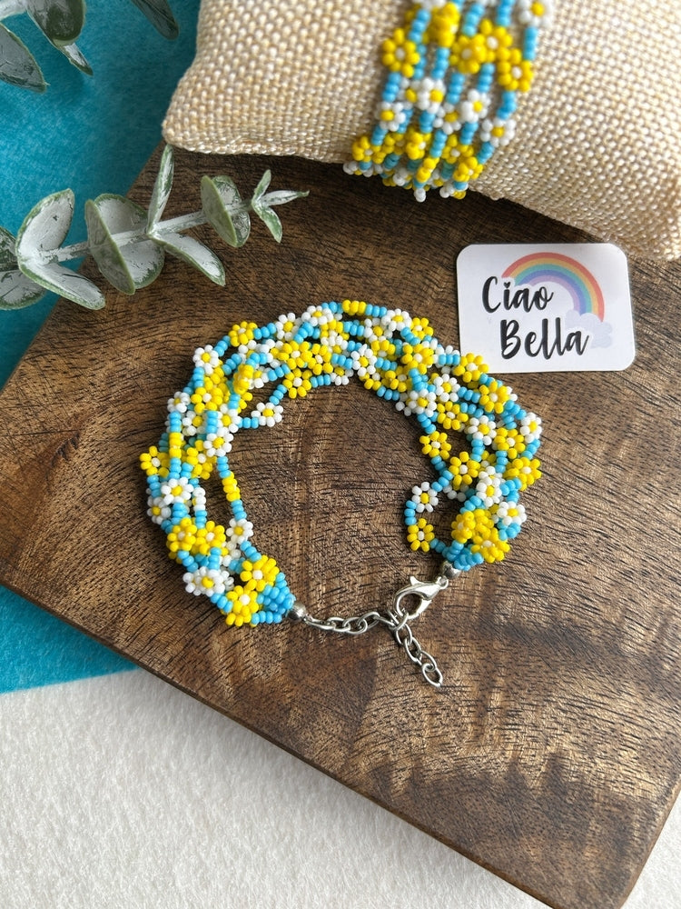 Spring Bloom Blue Yellow White Daisy Handmade Beaded Bracelet