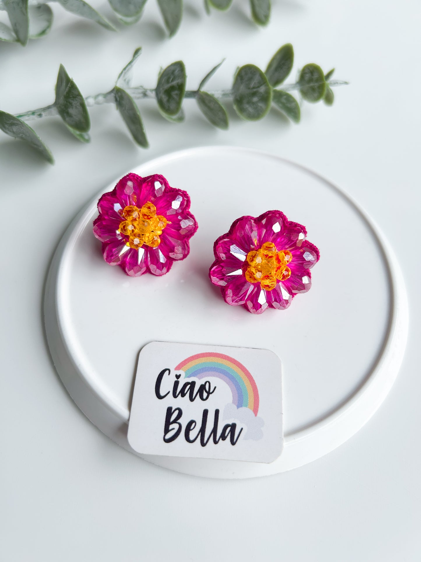 Sparkling Hot Pink Daisy Handmade Beaded Necklace + Earrings Set