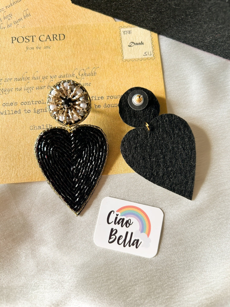 Glam Black Heart Drop Handmade Beaded Earrings