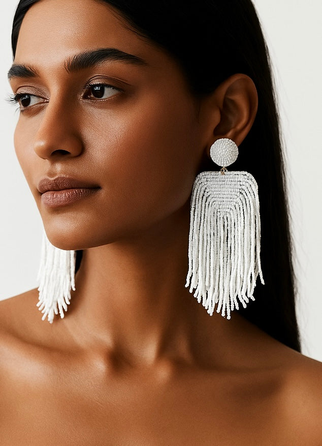 Luxe Snow White Handmade Beaded Tassel Earrings