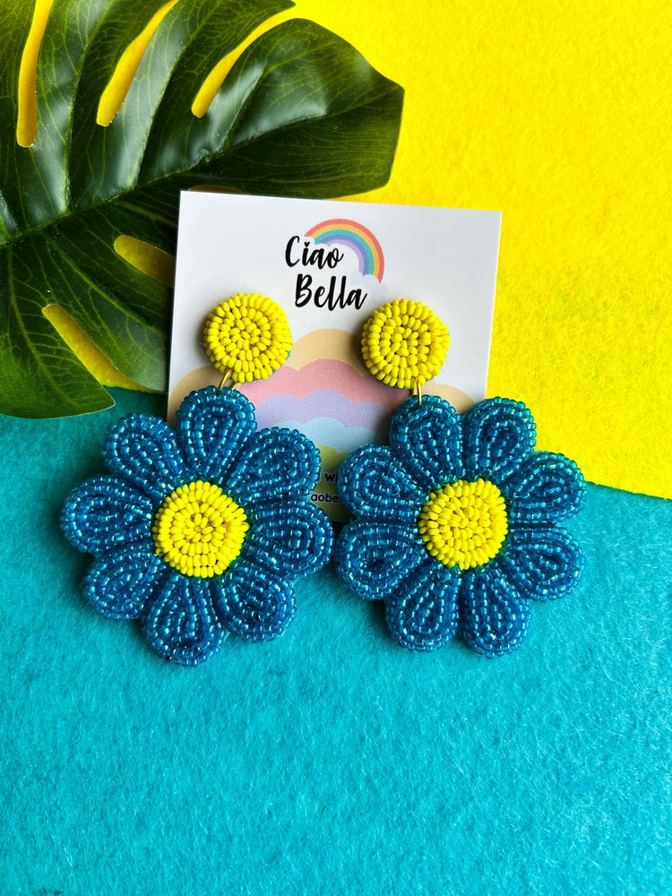 Forever-Blue Daisy Handmade Beaded Flower Earrings