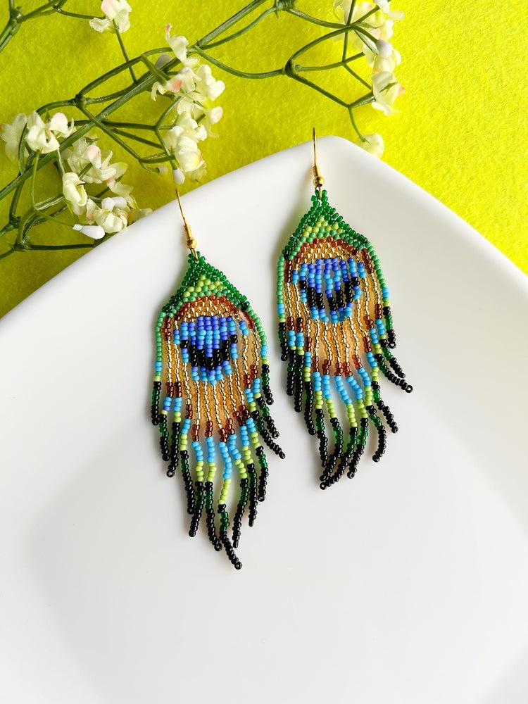 Boho Peacock Feather Handmade Beaded Tassel Bird Earrings