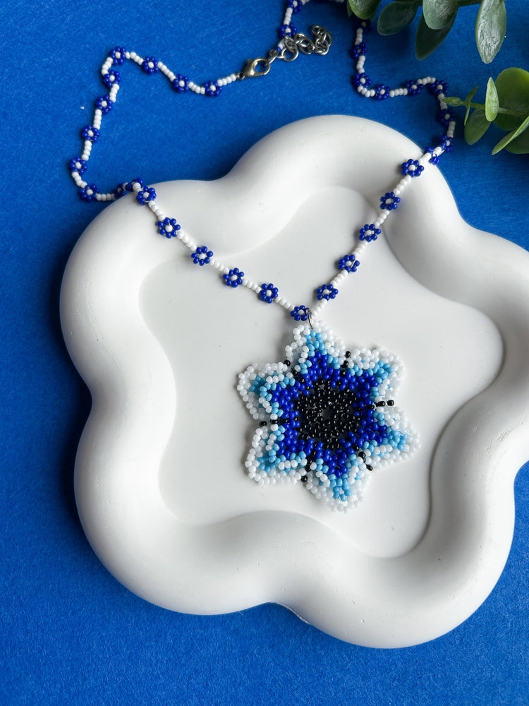 Blossoming Blue Flower Handmade Beaded Necklace