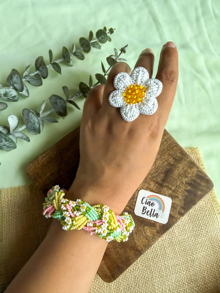 Luxe Flora Green Pink Yellow Handmade Beaded Bracelet + Ring Combo