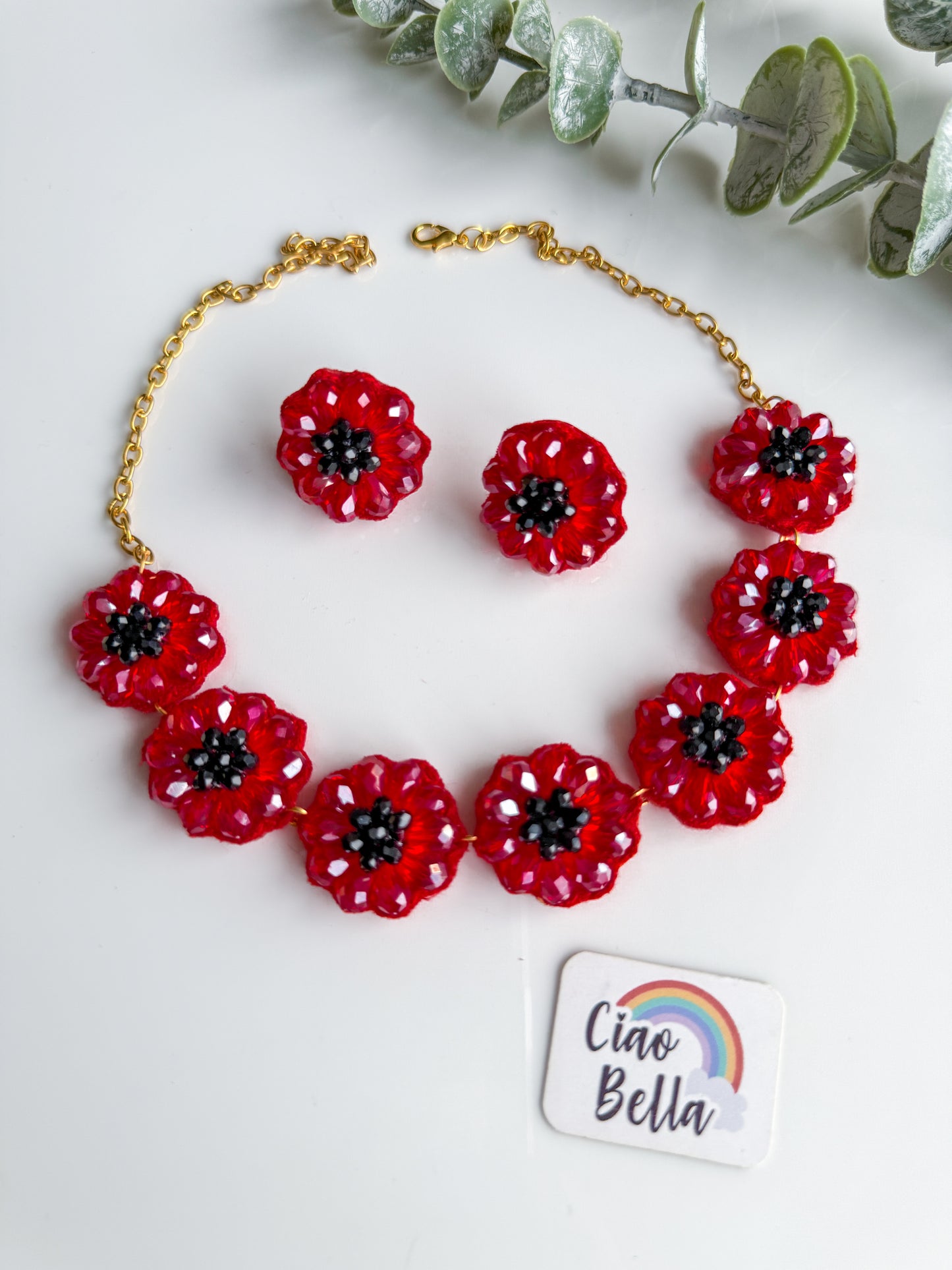 Sparkling Red Daisy Handmade Beaded Necklace + Earrings Set