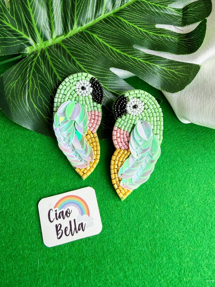Green Parrot Handmade Beaded Bird Earrings