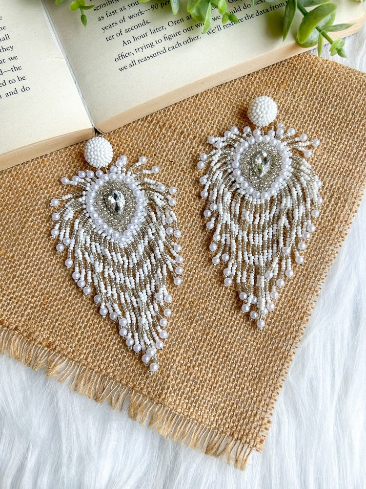 Noorani Peacock Handmade Beaded Bird Feather Tassel Earrings