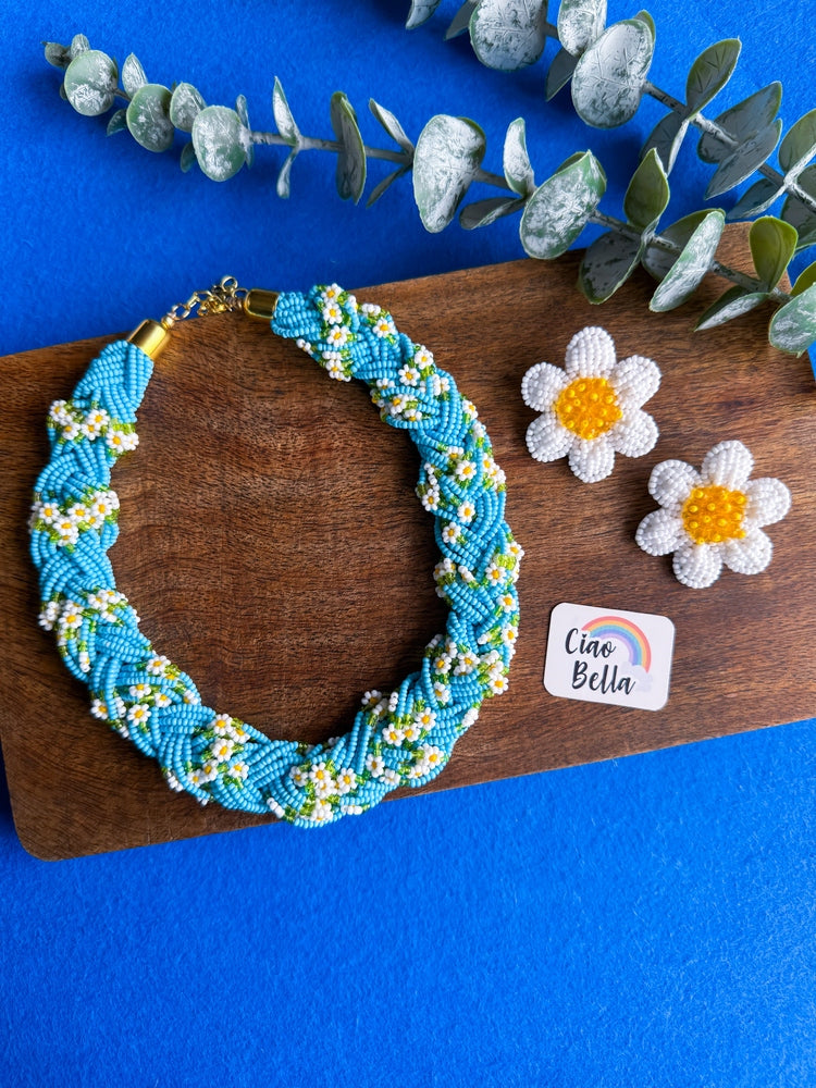 Luxe Flora Aqua Blue Handmade Beaded Necklace + Earrings Set