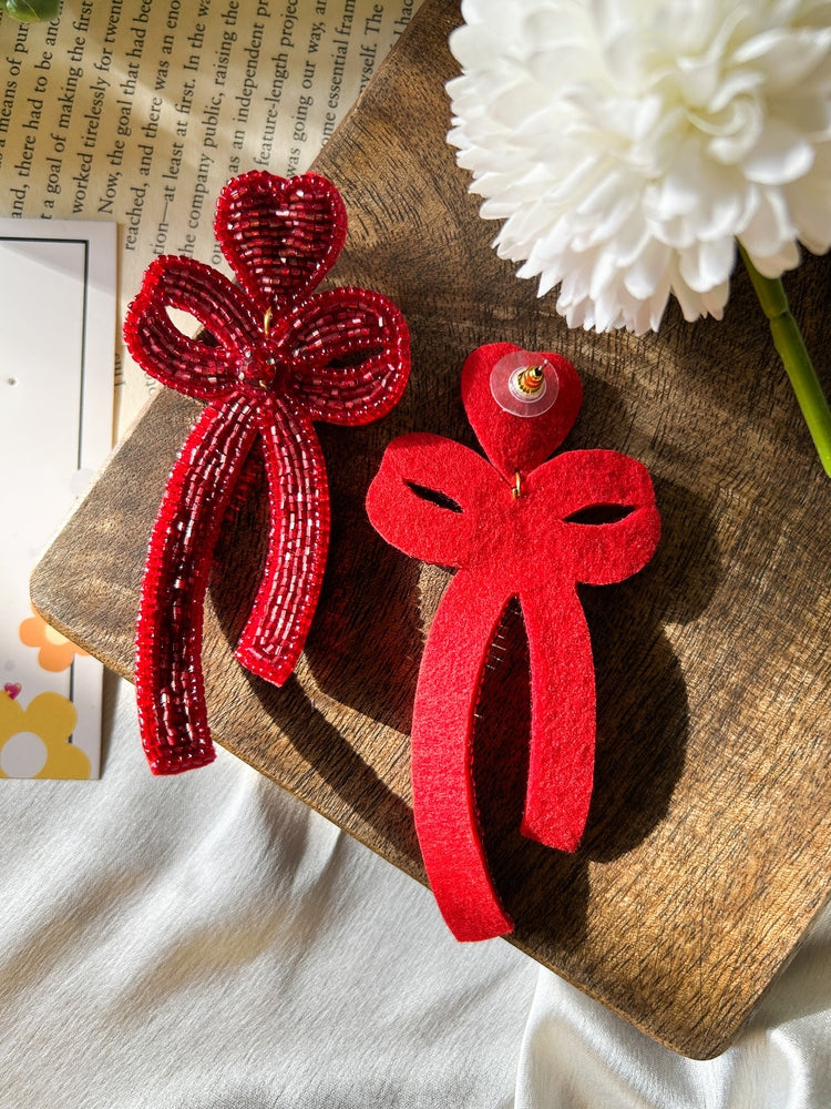 Glam Bow (Deep Red) Handmade Beaded Earrings