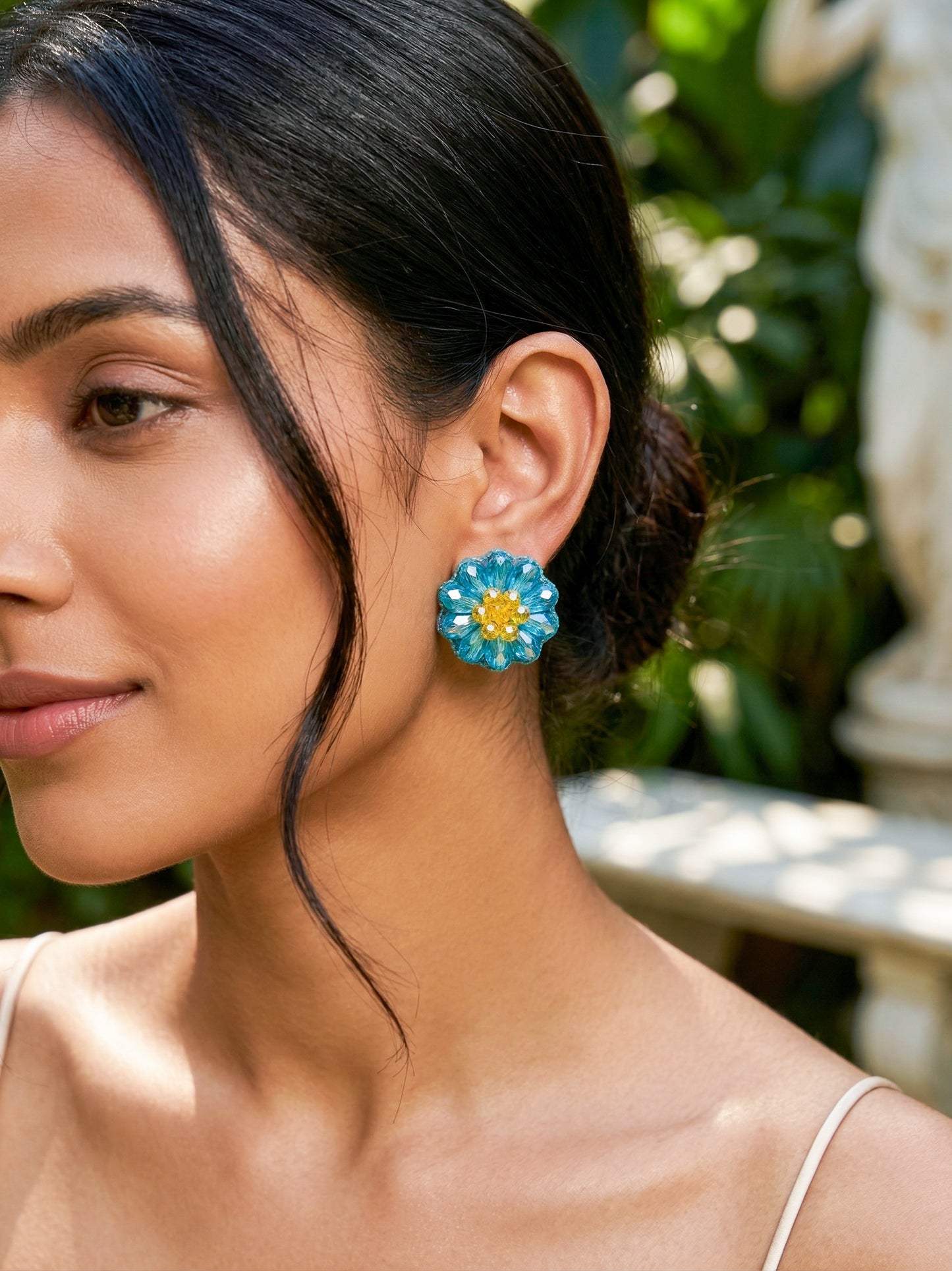 Sparkling Turquoise Blue Flower Handmade Beaded Stud Earrings