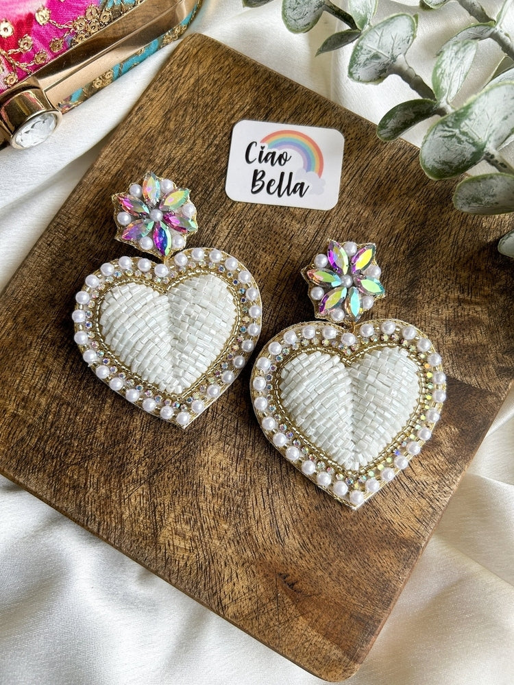 Ishqiya White Heart Drop Handmade Beaded Earrings