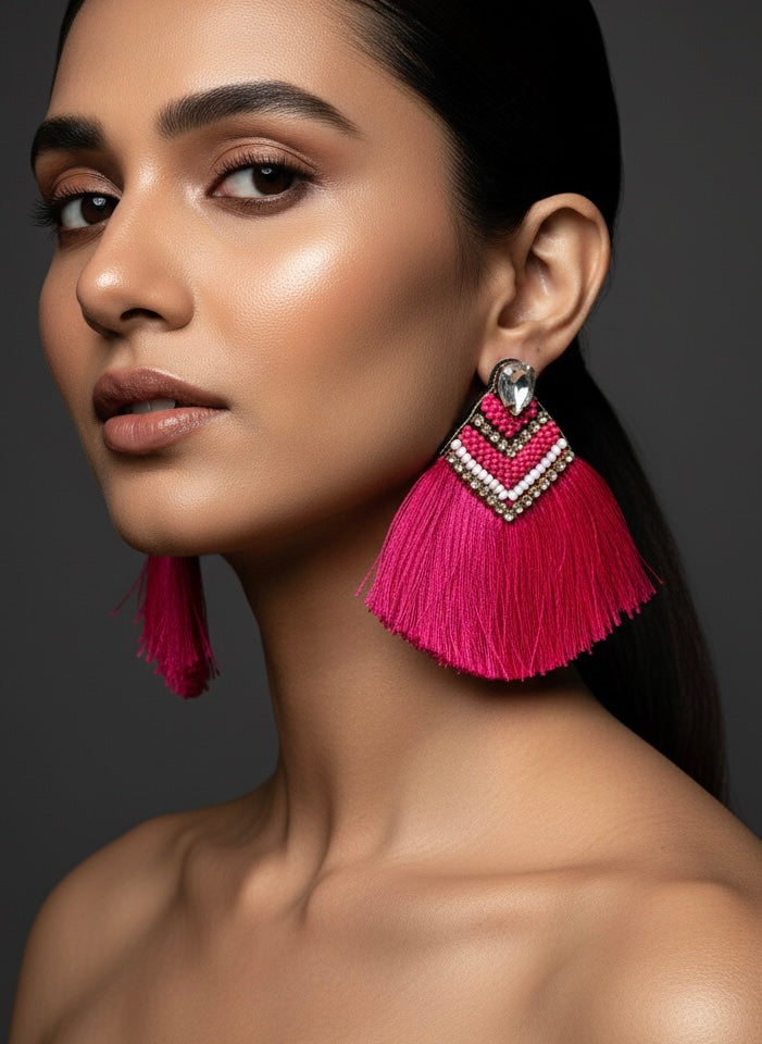 Hot Pink Handmade Beaded Tassel Earrings
