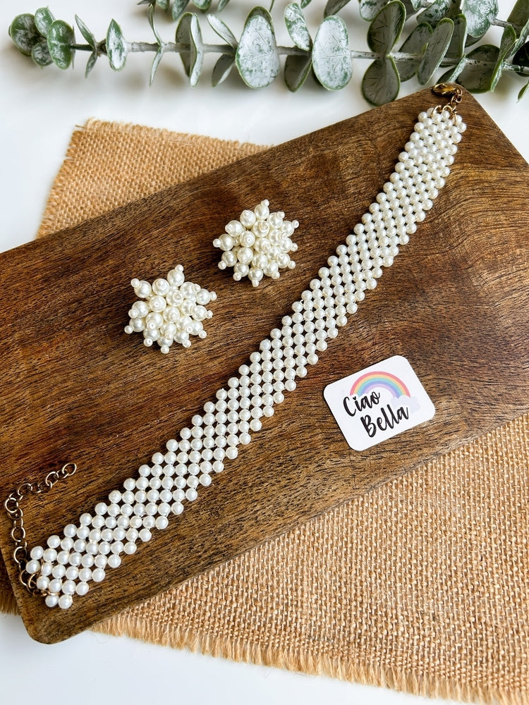 Ira Pearl Handmade Choker Necklace + Earrings Set