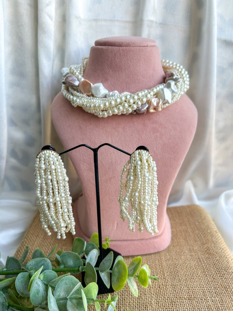Celeste Pearl Handmade Necklace + Earrings Set - Ivory & Peach