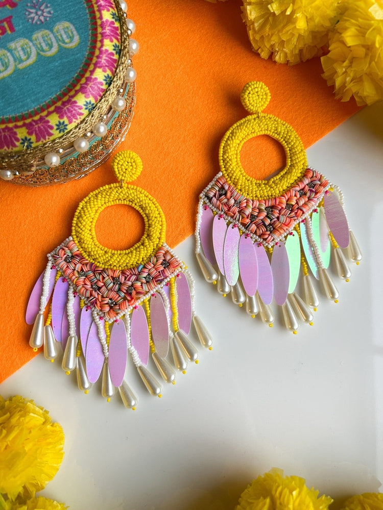 Zehra Yellow Handmade Beaded Tassel Earrings