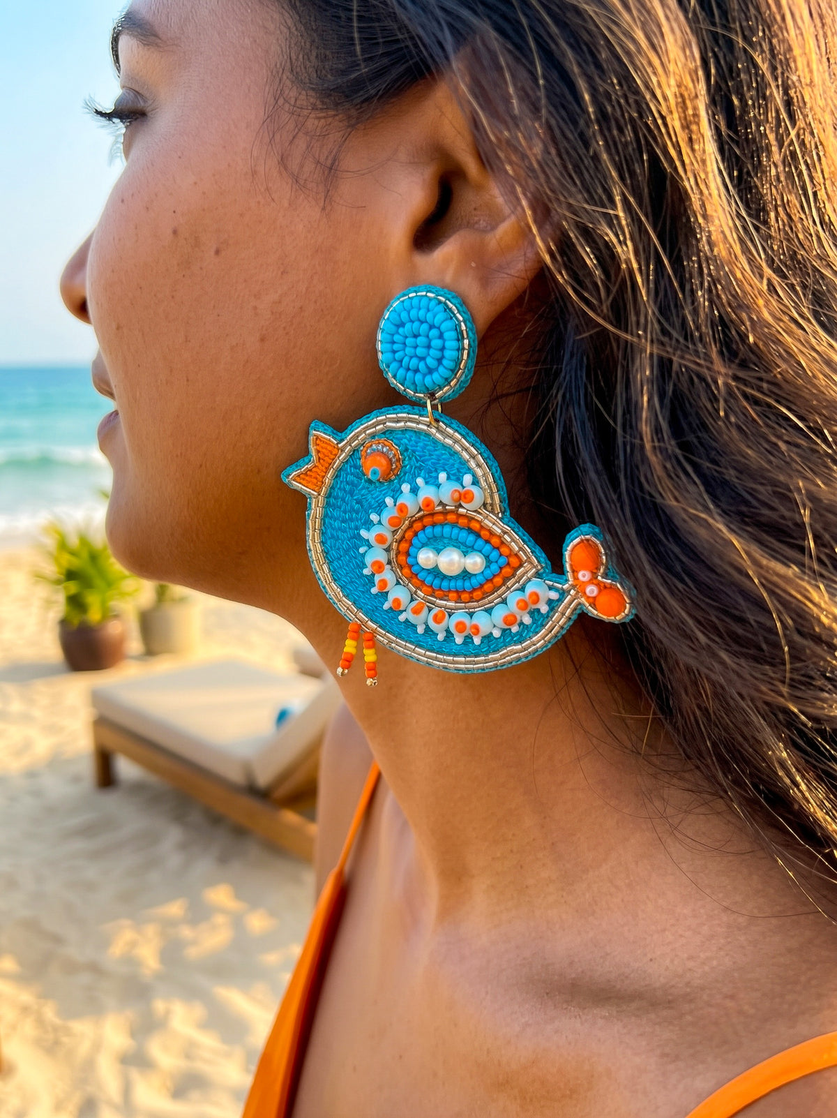 Chirpy Birdie Blue Orange Handmade Beaded Earrings