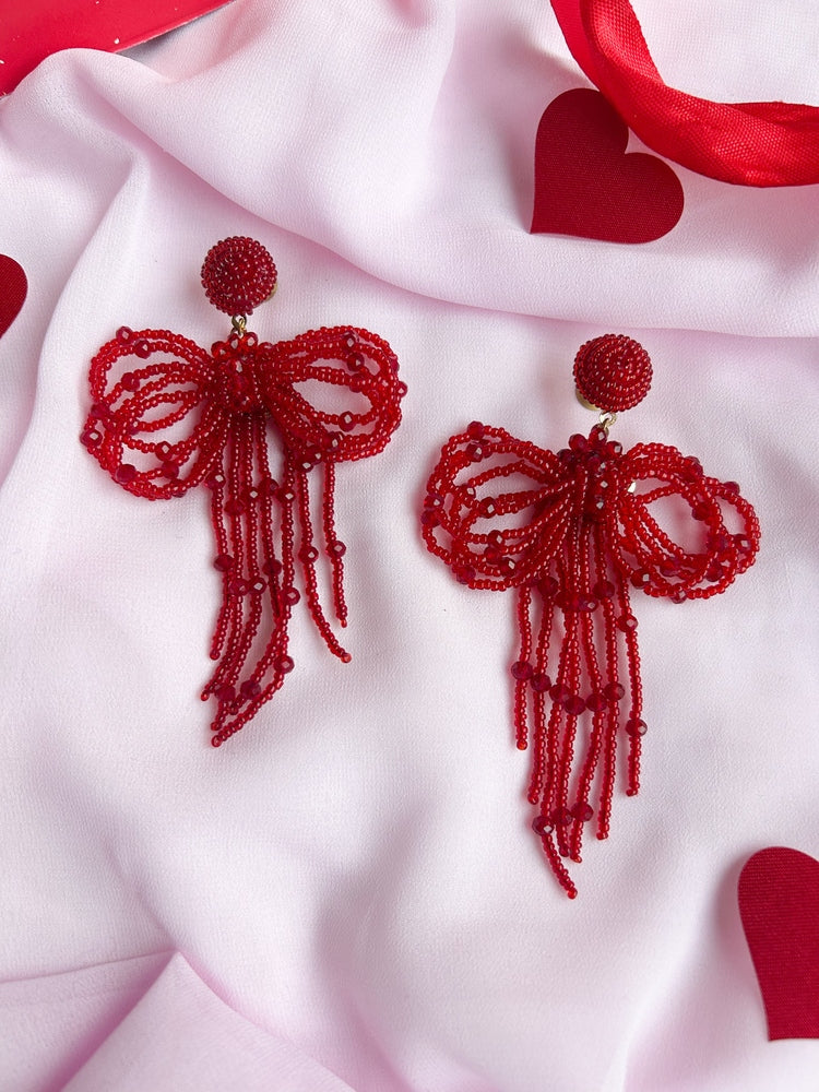 Pookie Bow (Deep Red) Handmade Beaded Earrings
