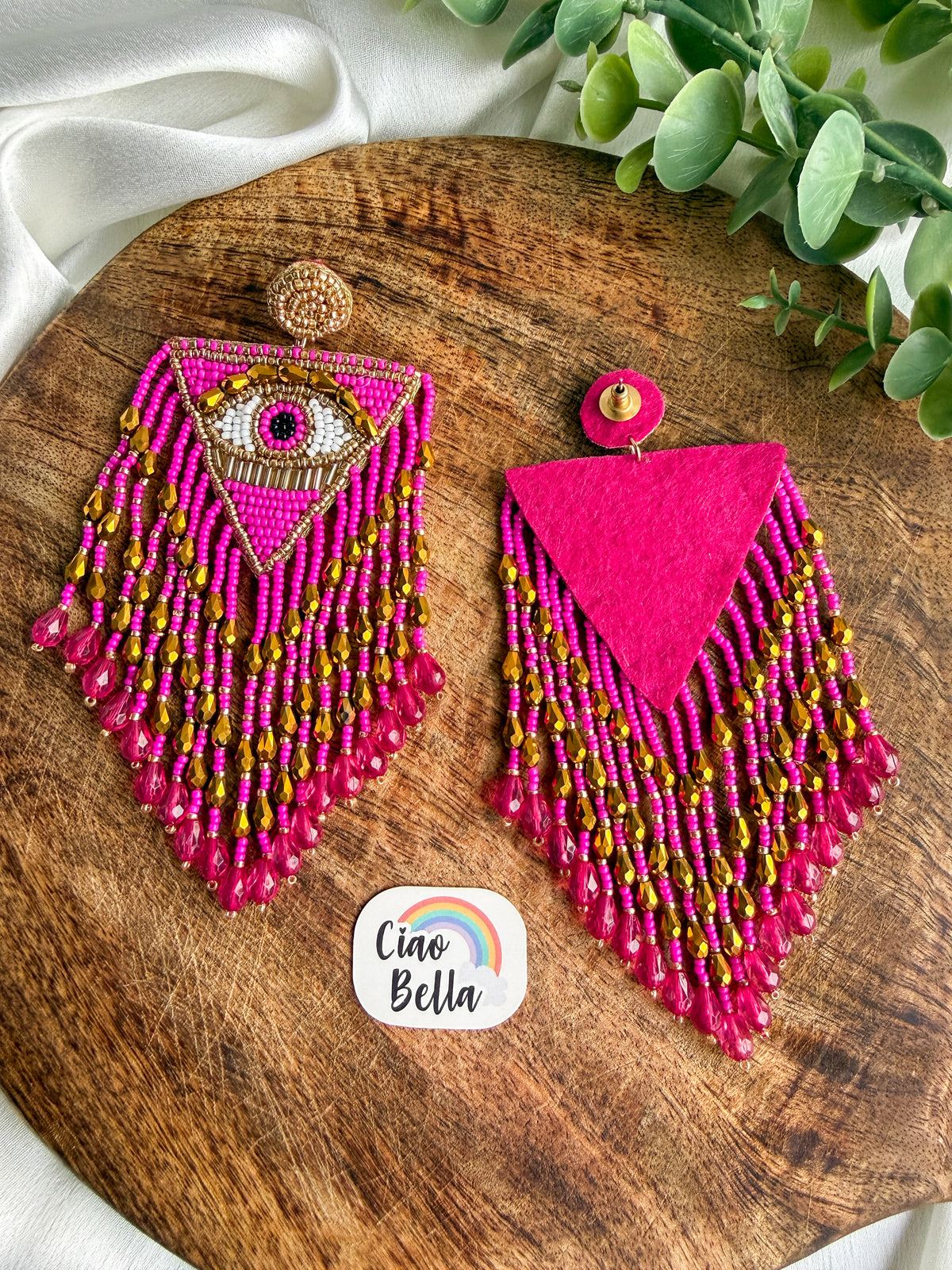 Luxe Evil Eye Hot Pink Handmade Beaded Tassel Earrings