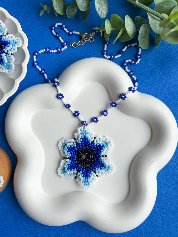 Blossoming Blue Flower Handmade Beaded Necklace + Earrings + Ring Set