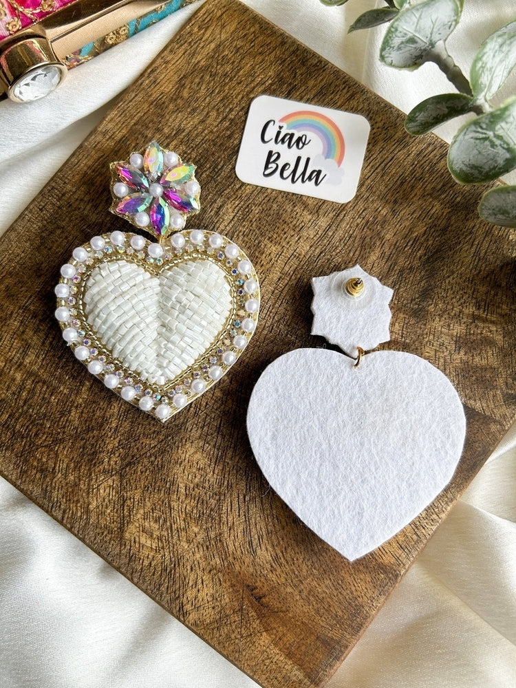 Ishqiya White Heart Drop Handmade Beaded Earrings