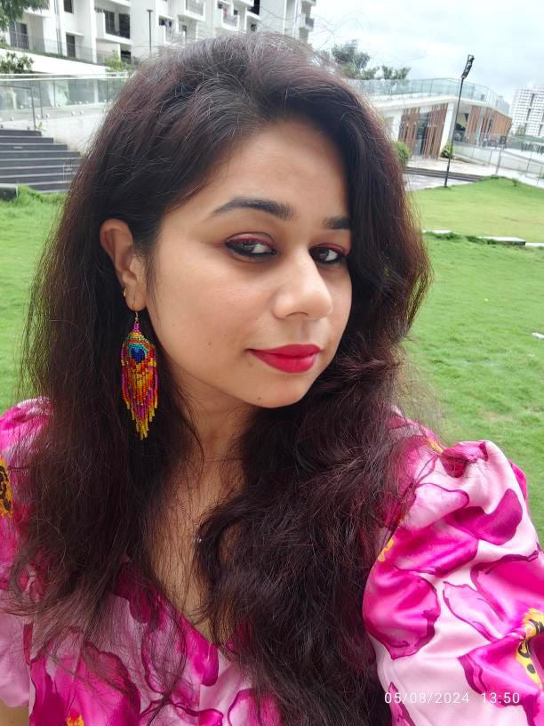Pink Peacock Feather Handmade Beaded Tassel Bird Earrings