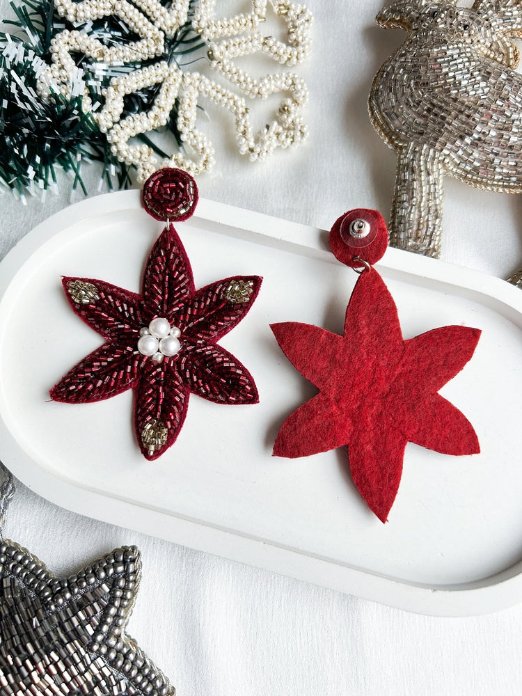Poinsettia Petals Handmade Beaded Christmas Flower Earrings